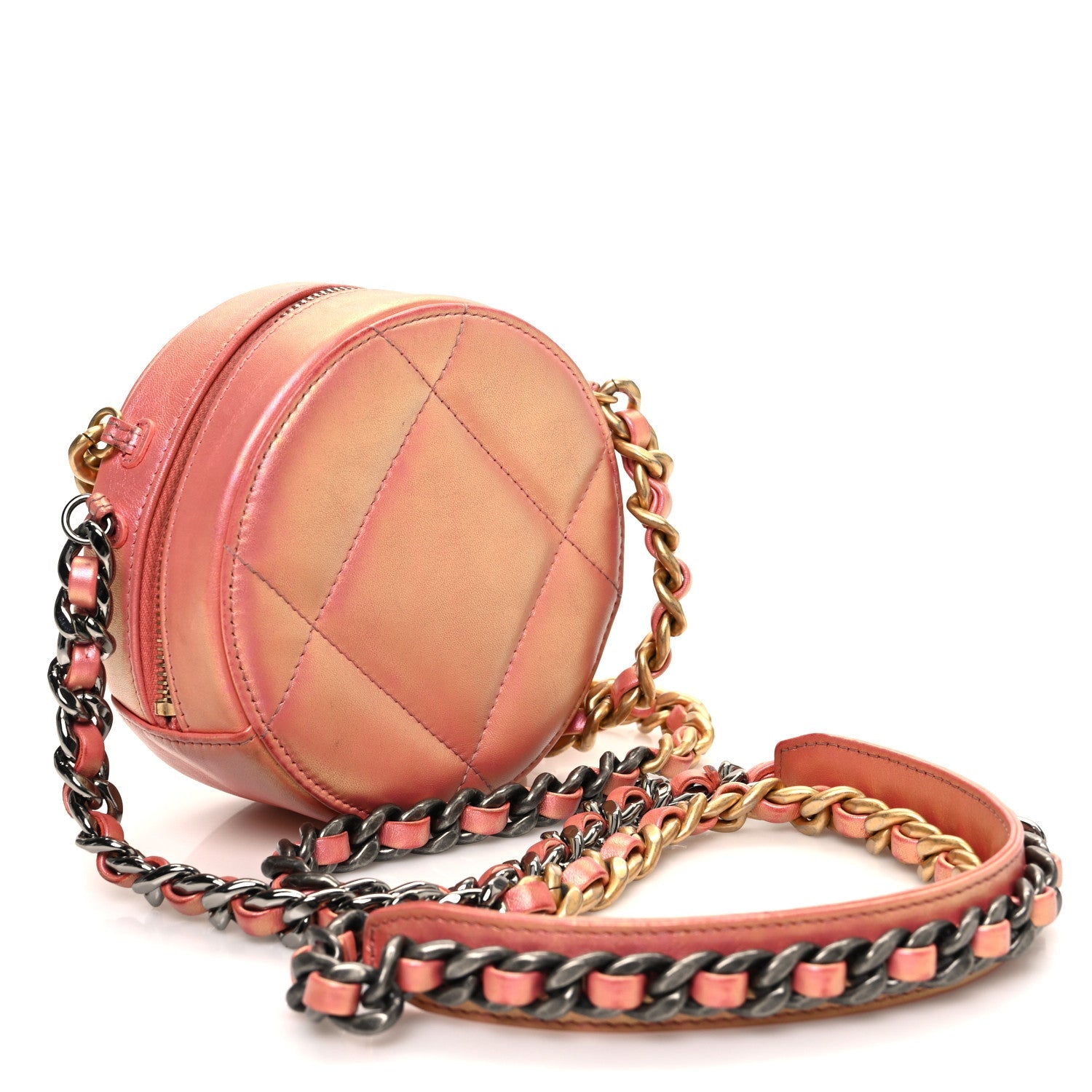 Iridescent Calfskin Quilted Chanel 19 Round Clutch With Chain Pink