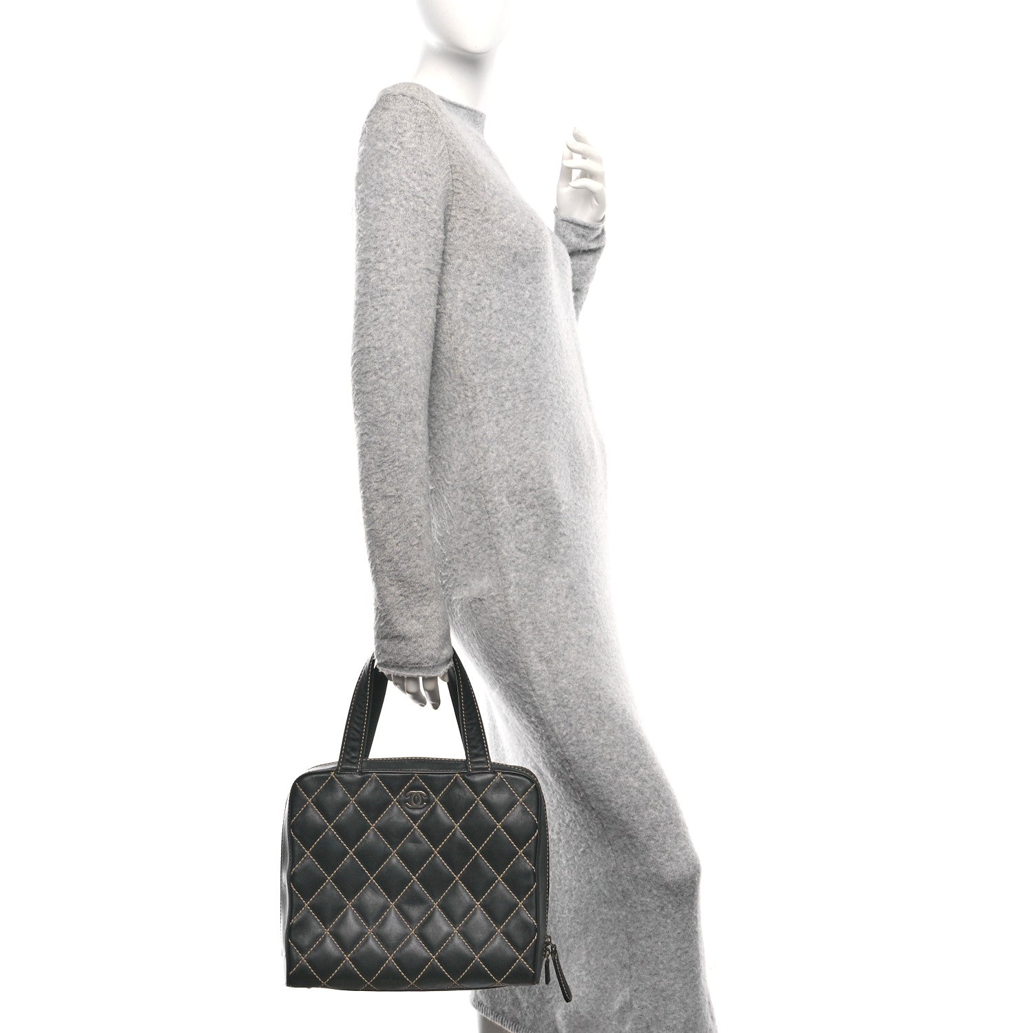 Calfskin Wild Stitch Vertical Top Handle Bag Black