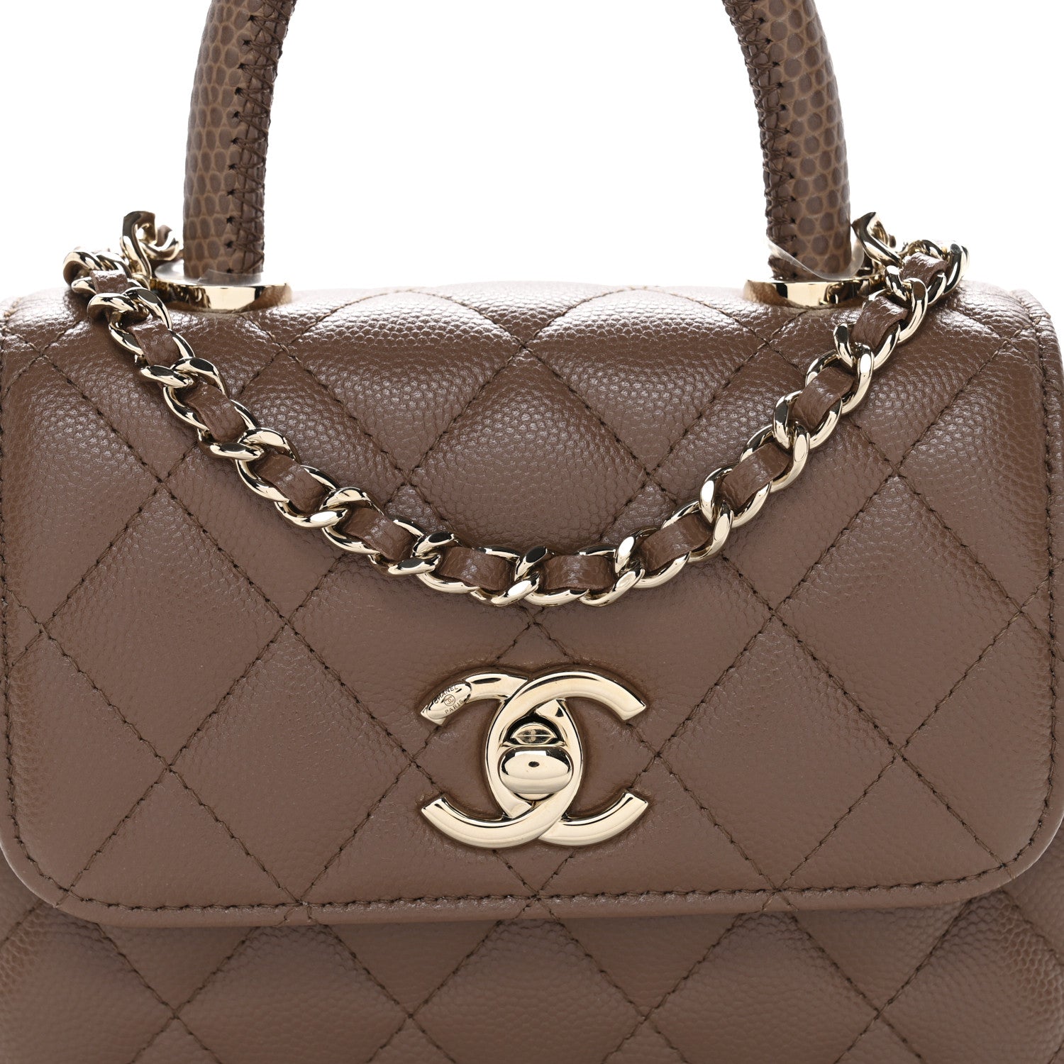 Caviar Lizard Embossed Quilted Coco Handle Clutch With Chain Brown