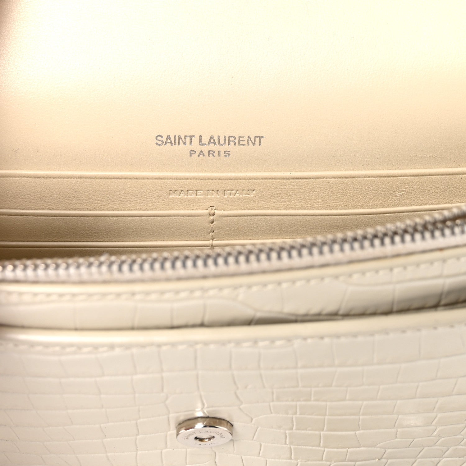 Calfskin Crocodile Embossed Monogram Sunset Chain Wallet Blanc Vintage