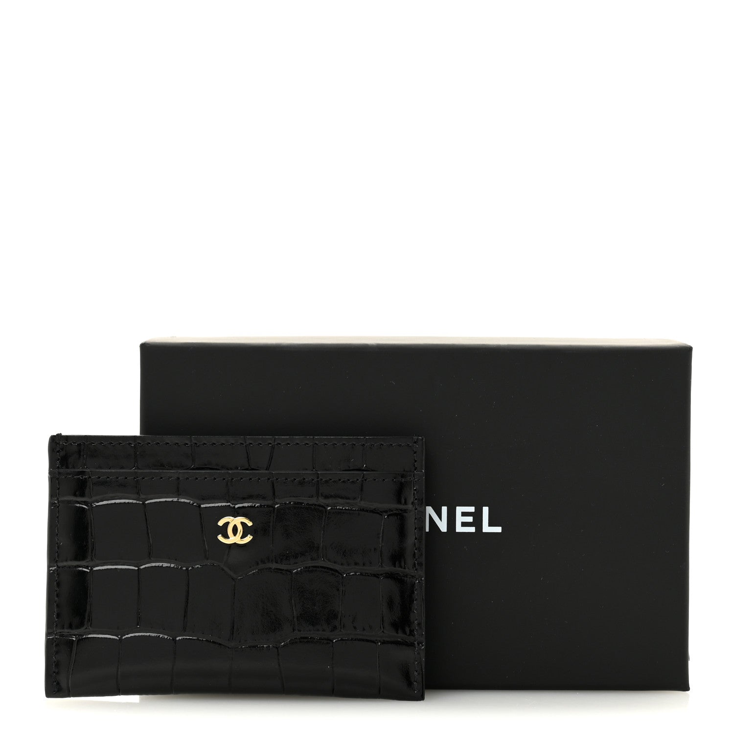 Calfskin Crocodile Embossed Crococo Card Holder Black