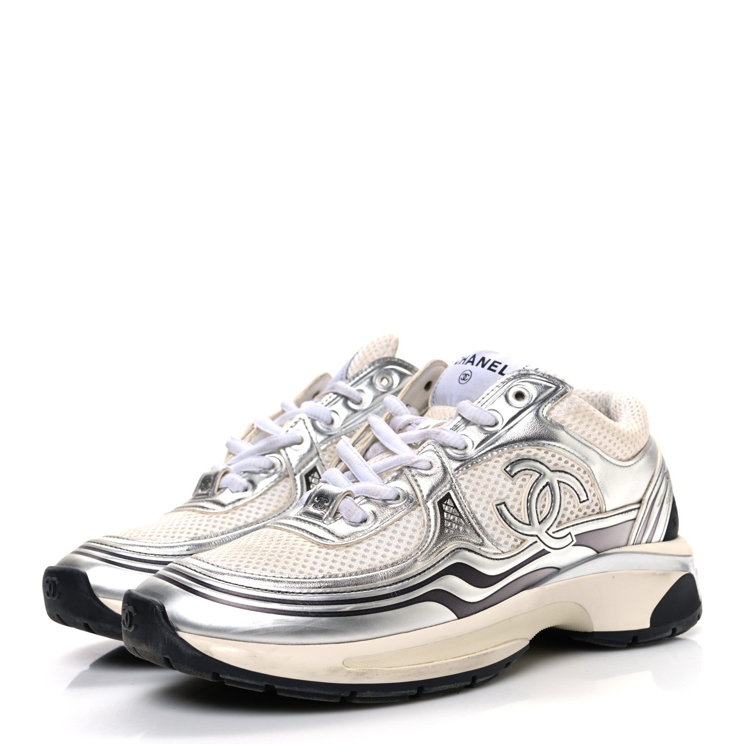 Fabric Laminated Calfskin Stretch CC Sneakers 37 White Silver