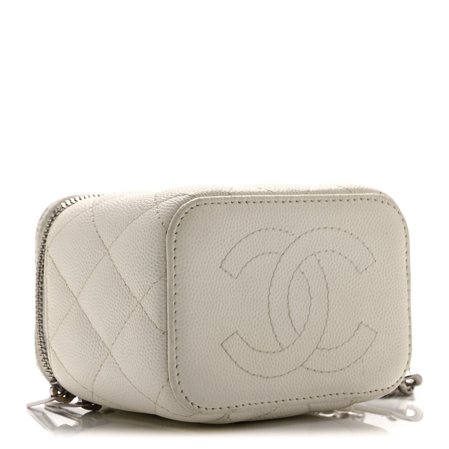 Caviar Quilted Enamel Coco Mini Vanity Case With Chain White
