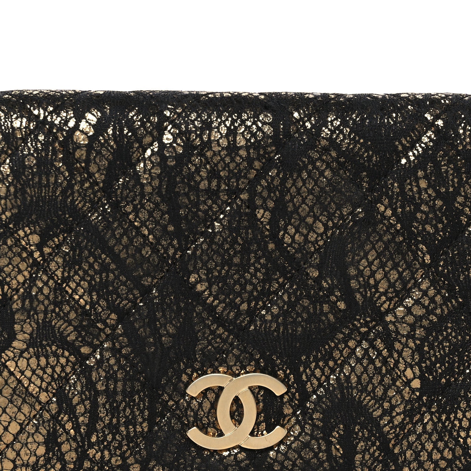 Metallic Fabric Lace Effect Quilted Clutch Black Gold