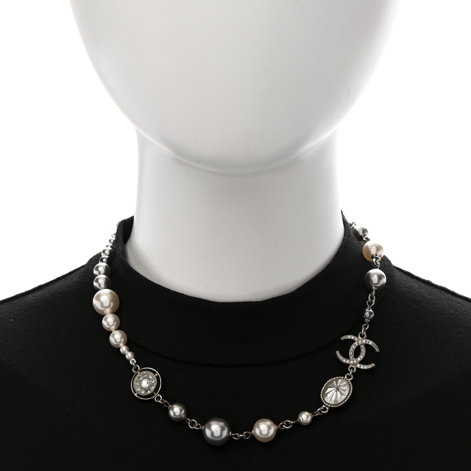Pearl Crystal CC Choker Necklace Silver Pearly White