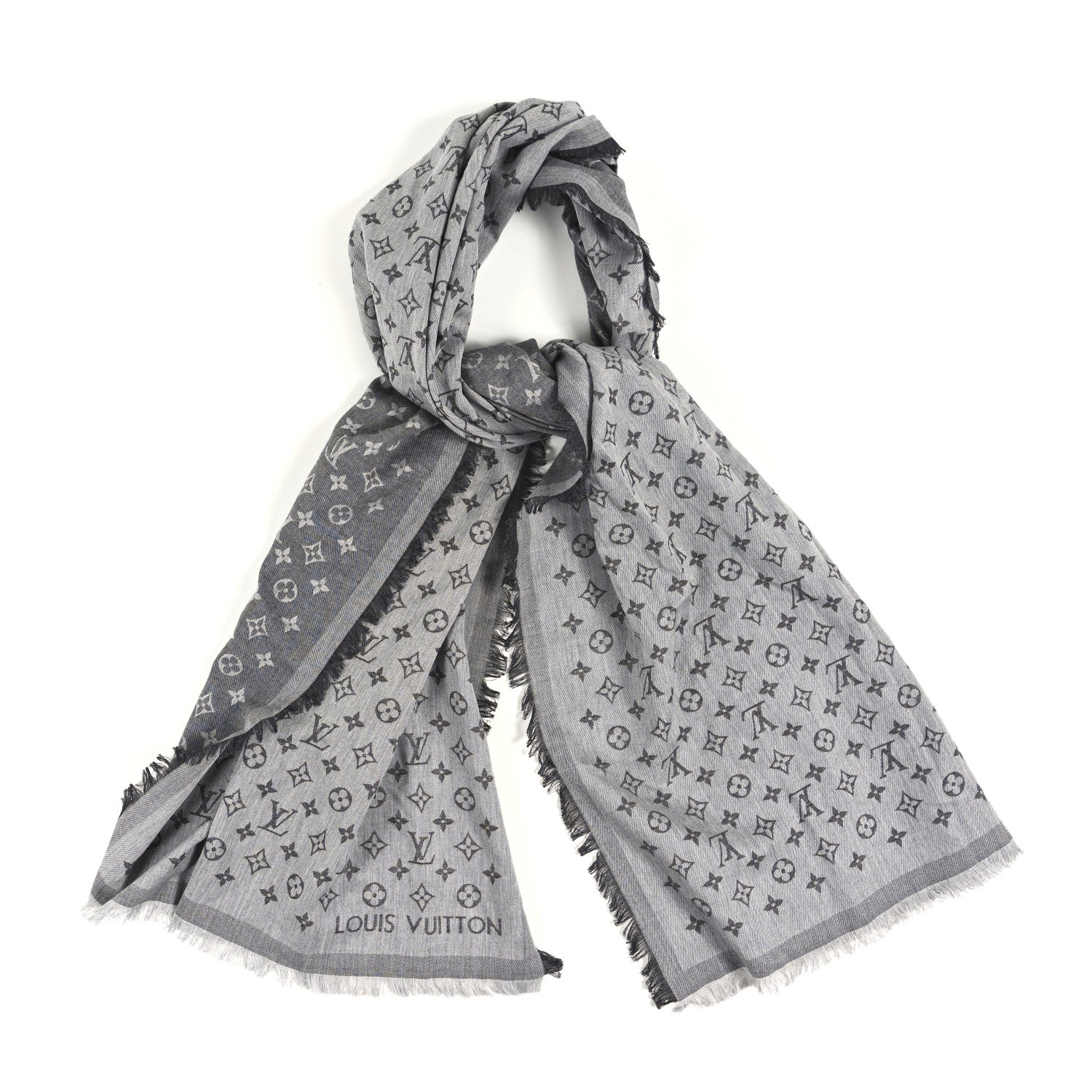 Silk Wool Monogram Denim Shawl Black