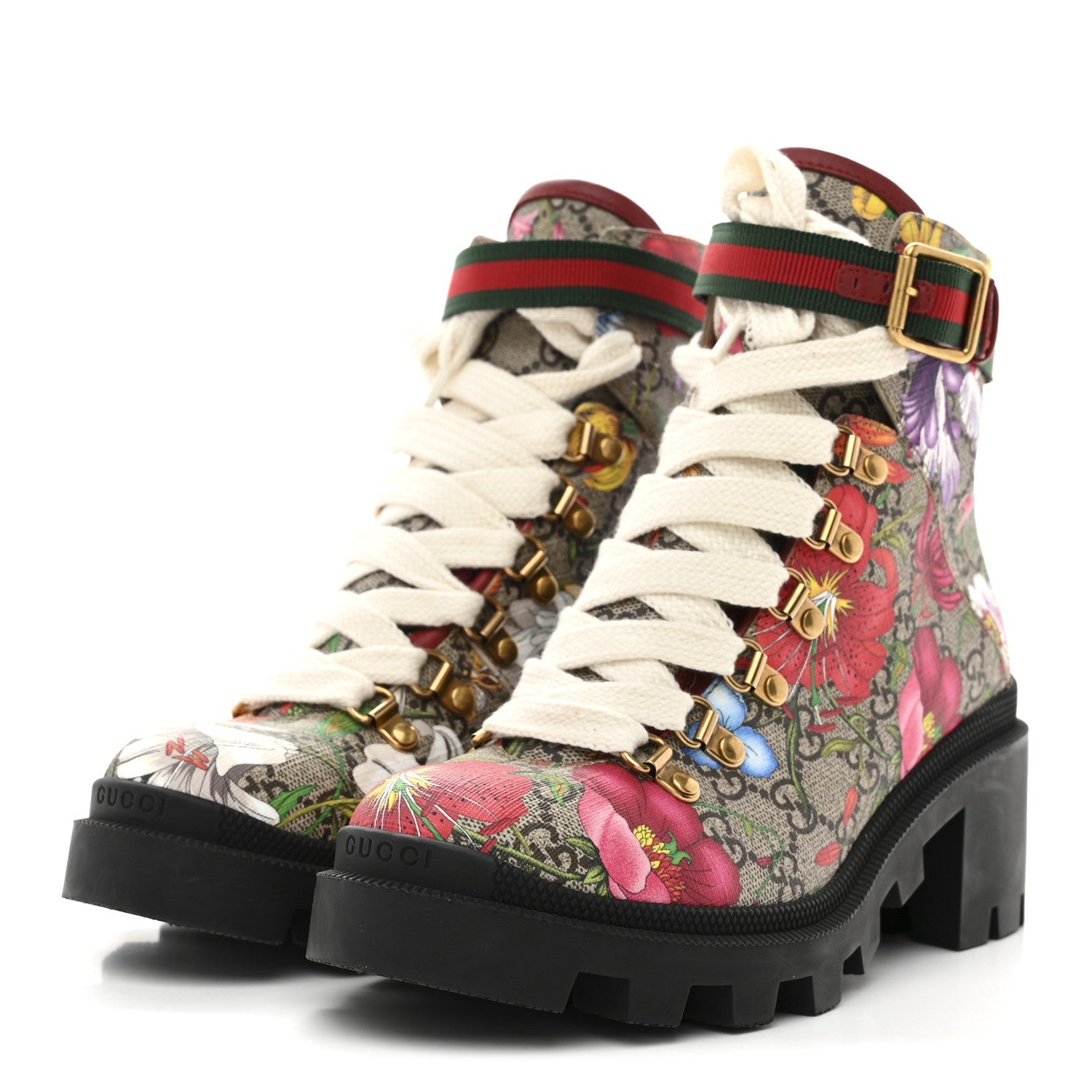 GG Supreme Monogram Flora Lace Up Combat Ankle Boots 37.5 Beige Multicolor Red