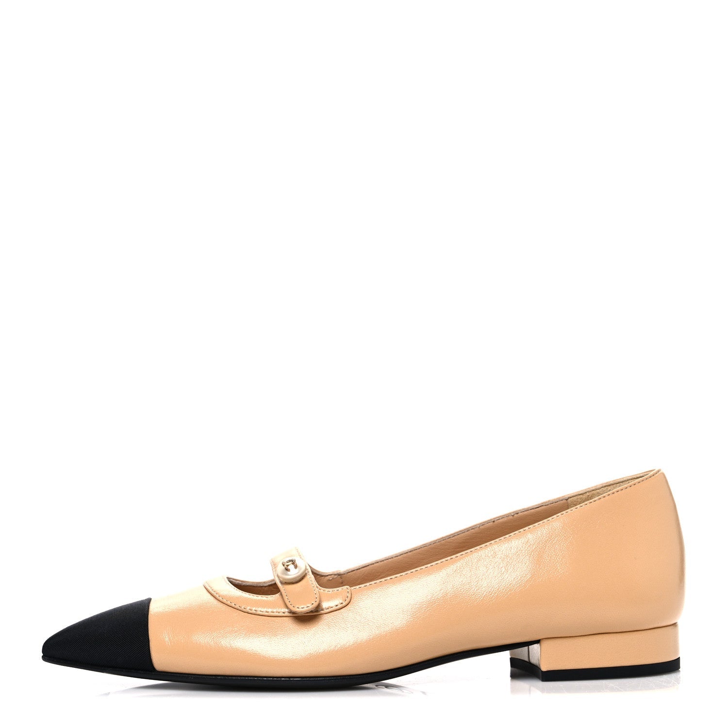 Shiny Lambskin Grosgrain Pointed Toe CC Ballet Flats 36 Beige Black