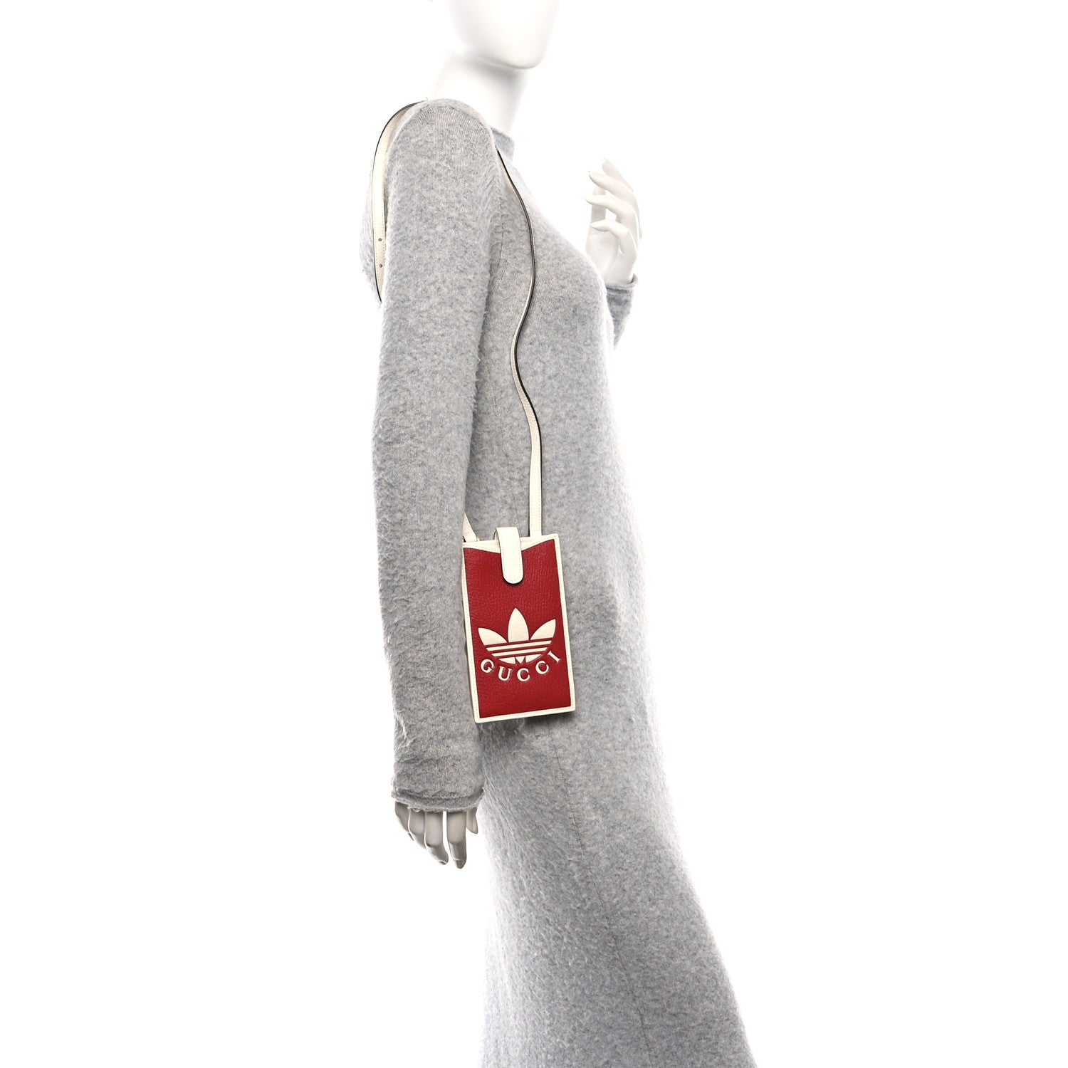 X ADIDAS Textured Dollar Calfskin Trefoil Embossed Phone Crossbody Bag Hibiscus Red Off White