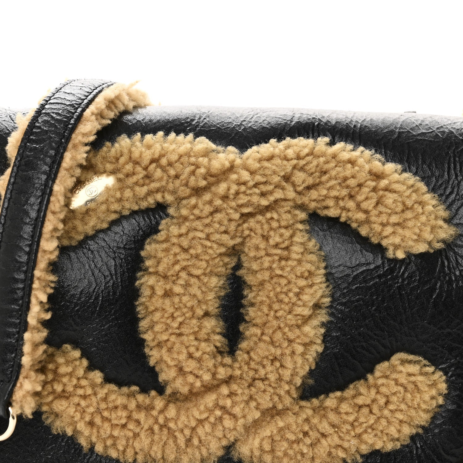 Shiny Crumpled Sheepskin Shearling CC Mania Flap Bag Black Beige