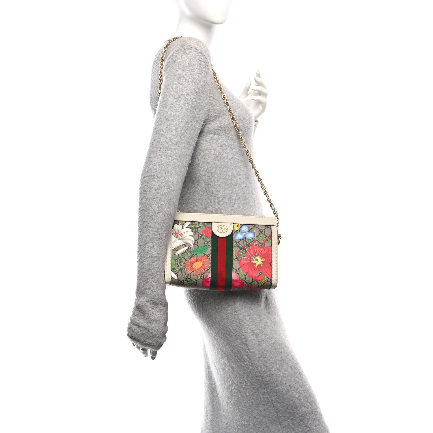 GG Supreme Monogram Flora Web Small Ophidia Chain Shoulder Bag White