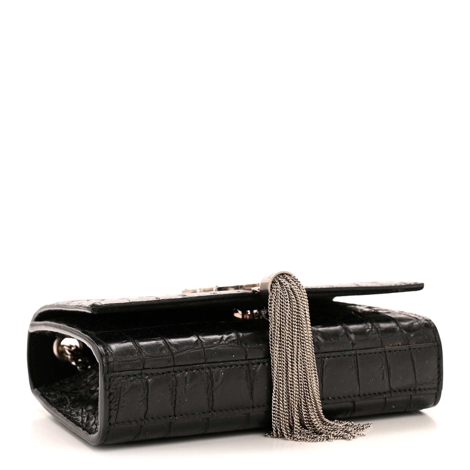 Calfskin Crocodile Embossed Small Classic Monogram Kate Tassel Satchel Black
