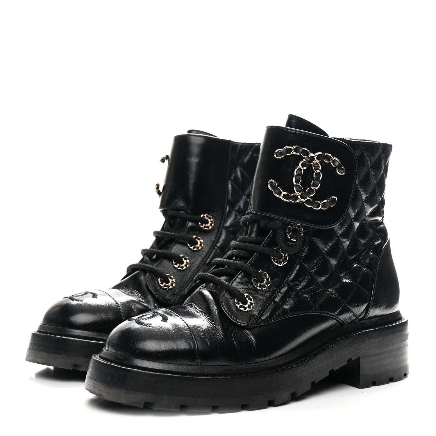 Shiny Calfskin Quilted Lace Up Combat Boots 36 Black