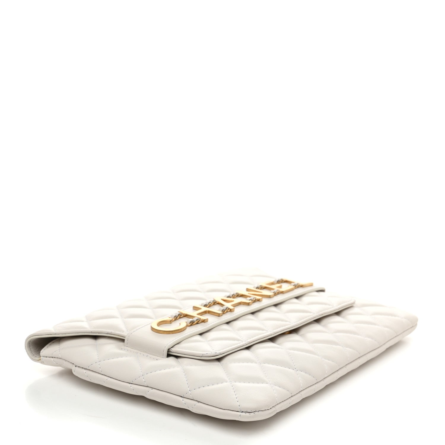 Calfskin Quilted Enchained Clutch White