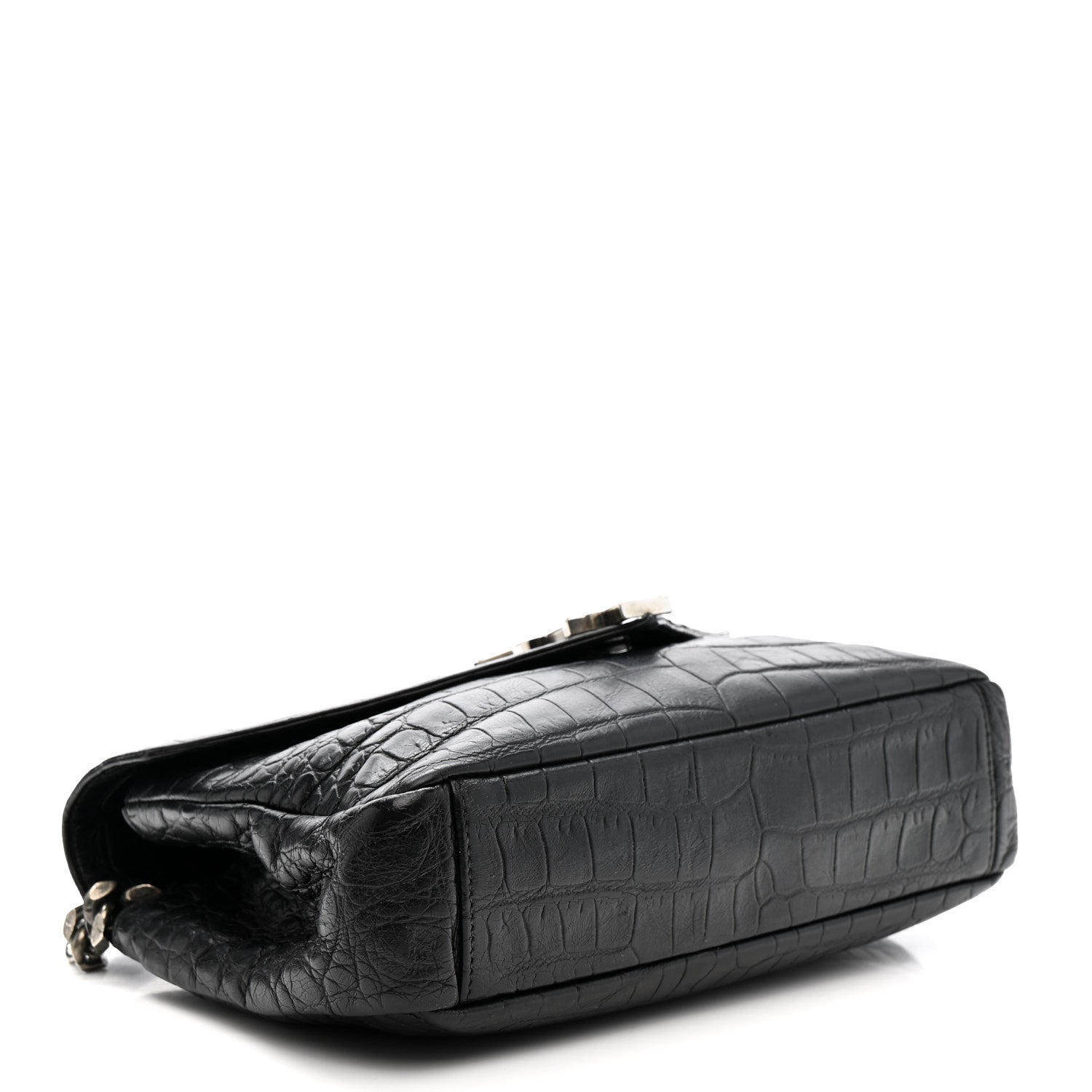 Calfskin Crocodile Embossed Medium College Monogram Satchel Black