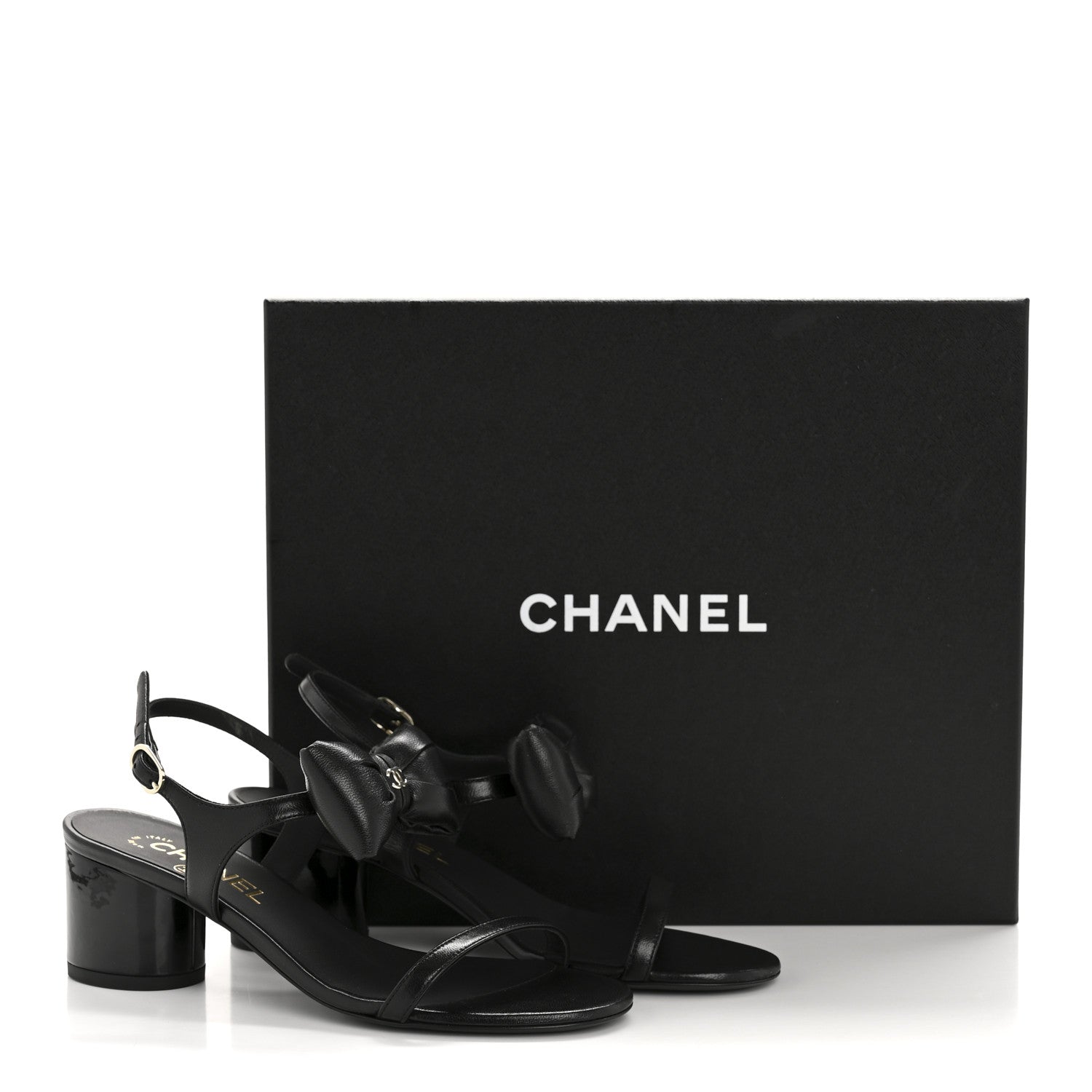 Lambskin CC Bow 55mm Sandals 36 Black