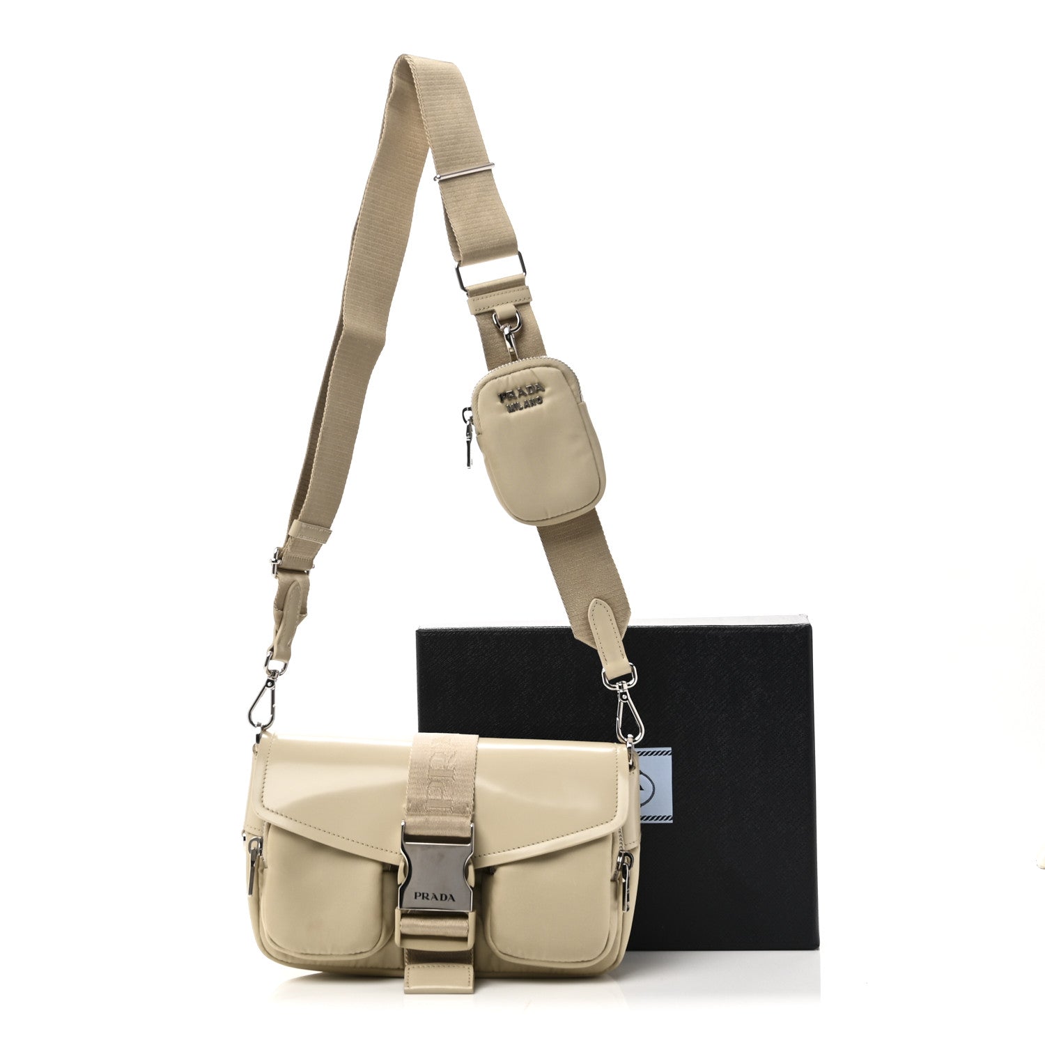 Re-Nylon Spazzolato Double Pocket Buckle Shoulder Bag Deserto