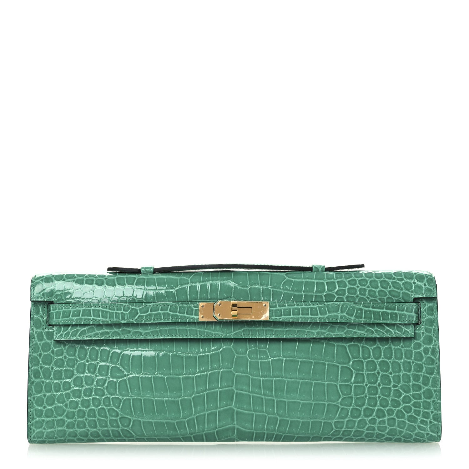Shiny Porosus Crocodile Kelly Cut Pochette Vert Jade