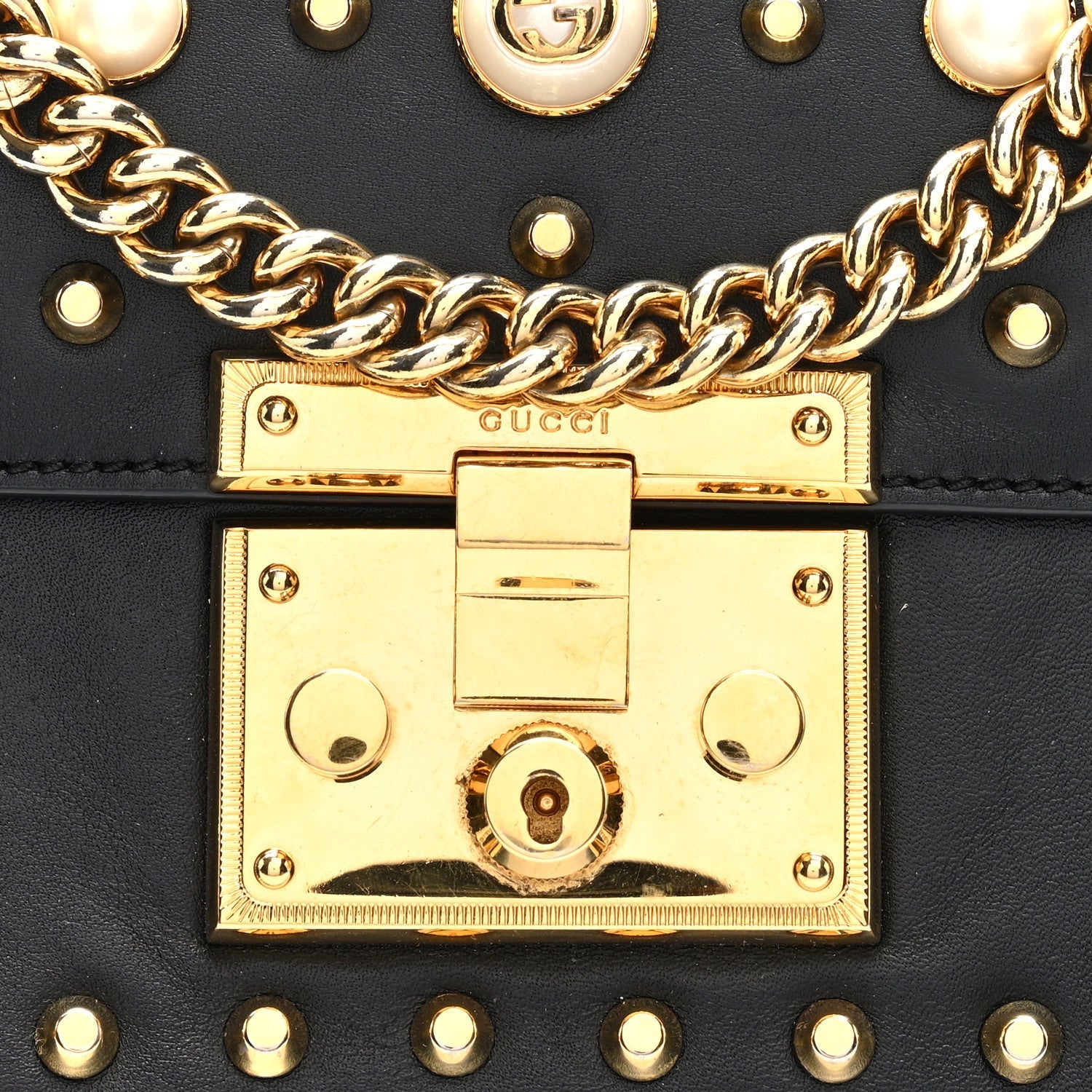 Calfskin Studded Small Padlock Shoulder Bag Black