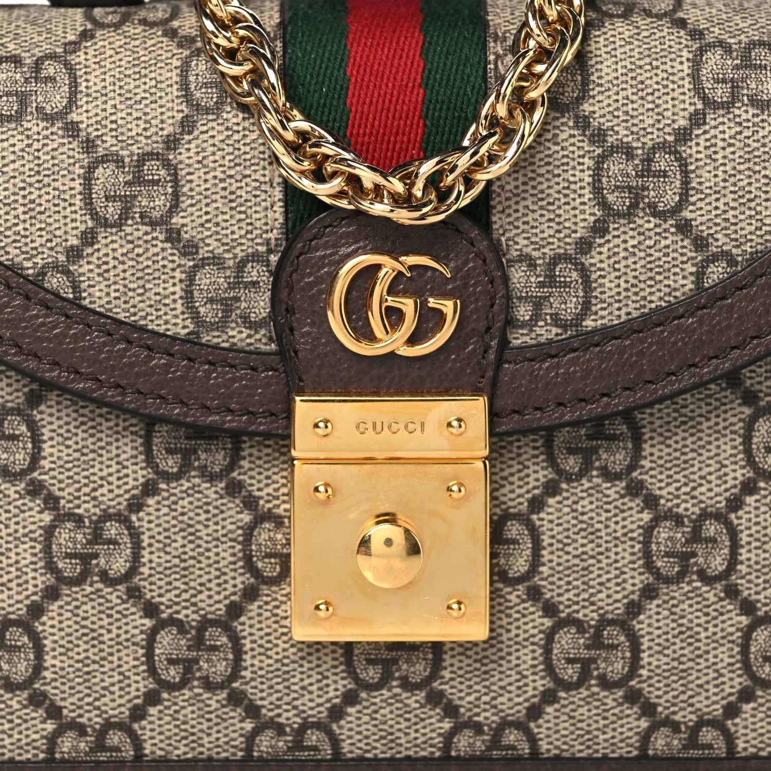 GG Supreme Monogram Textured Dollar Calfskin Web Mini Ophidia Padlock Top Handle Chain Shoulder Bag Beige Ebony New Acero
