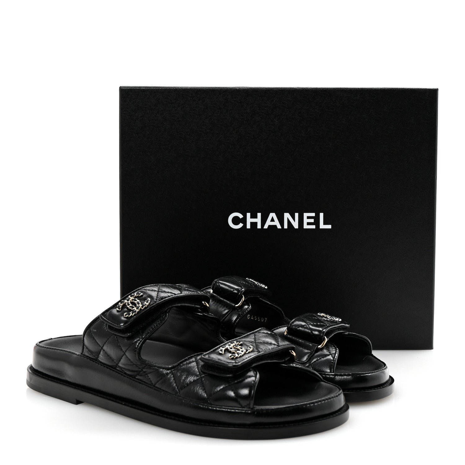 Lambskin Quilted Velcro Dad Chain CC Slide Sandals 38.5 Black
