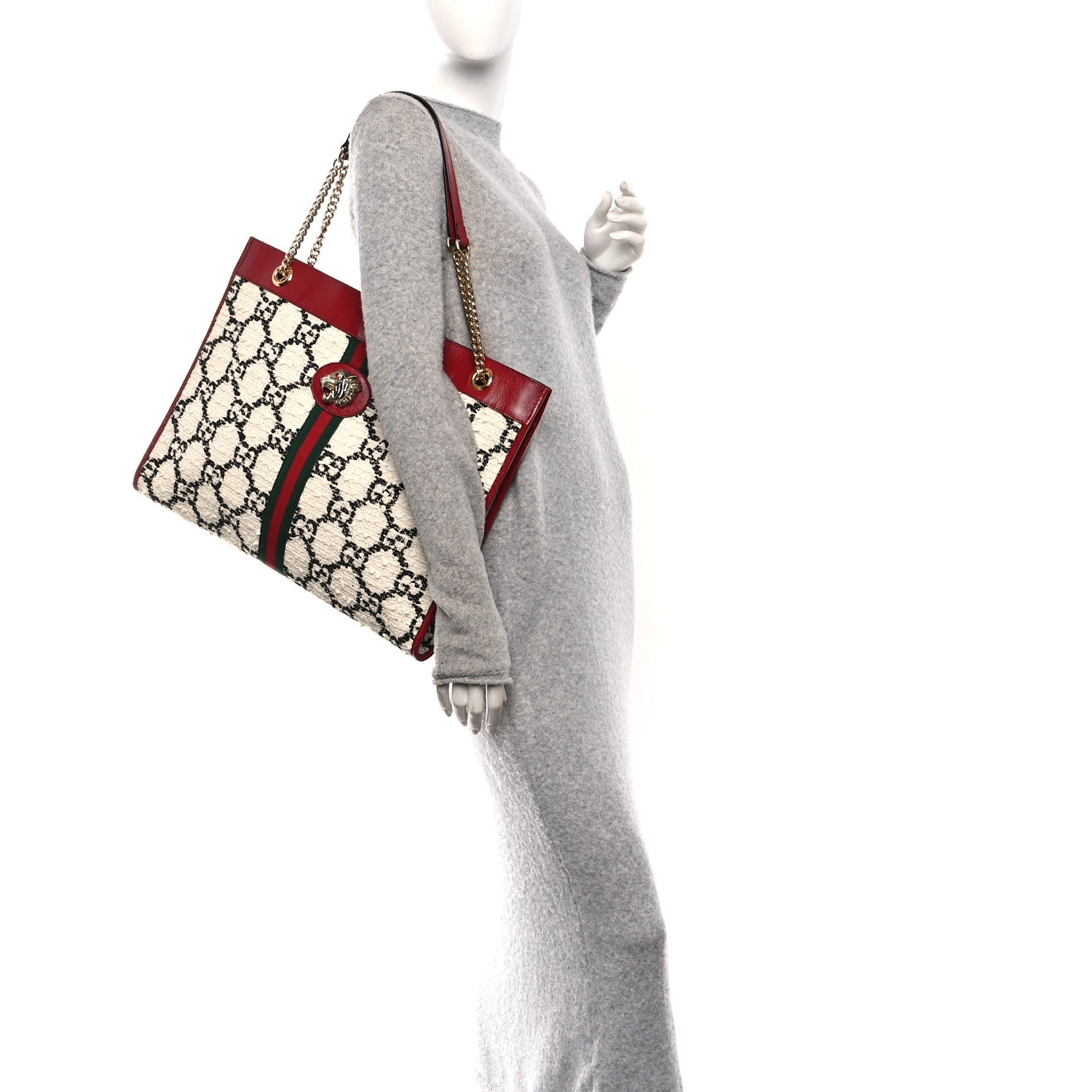 Tweed GG Monogram Large Rajah Chain Tote White Black Romantic Cherry