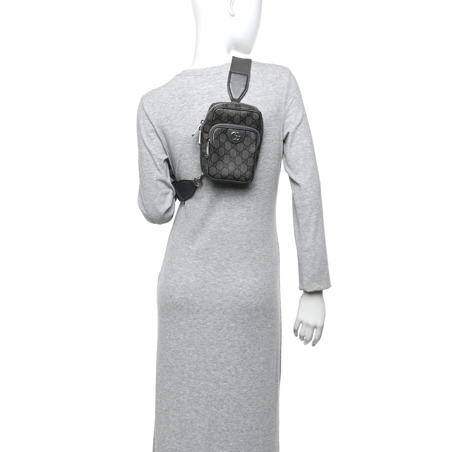 GG Supreme Monogram Textured Dollar Calfskin Mini Ophidia Messenger Grey Black Graphite Grey
