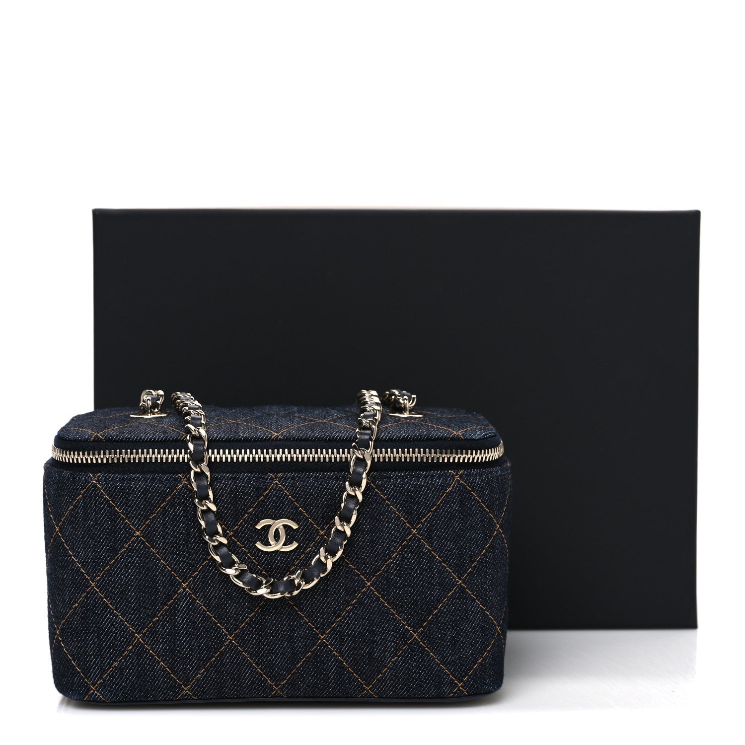 Denim Quilted Vanity Case With Chain Dark Blue Orange