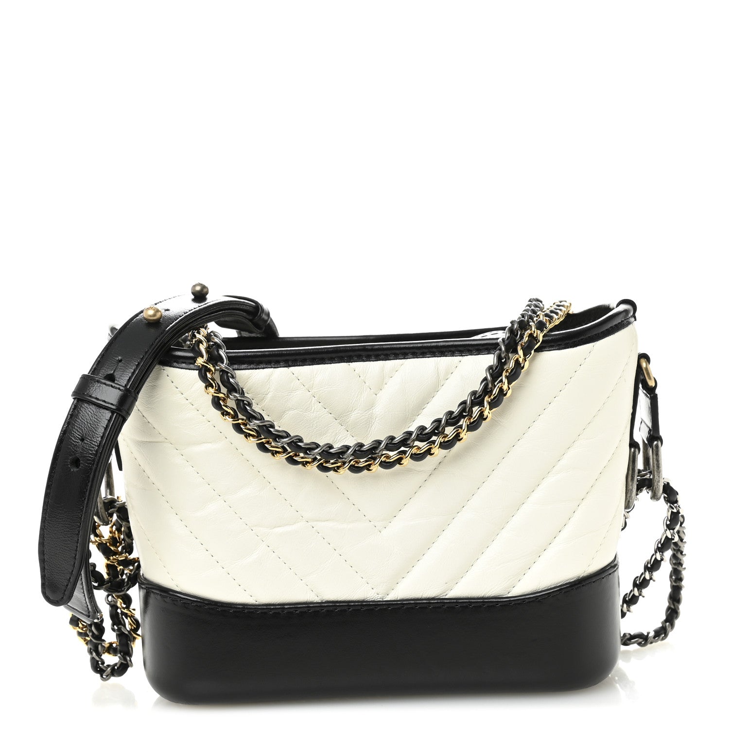 Aged Calfskin Chevron Quilted Small Gabrielle Hobo Black White