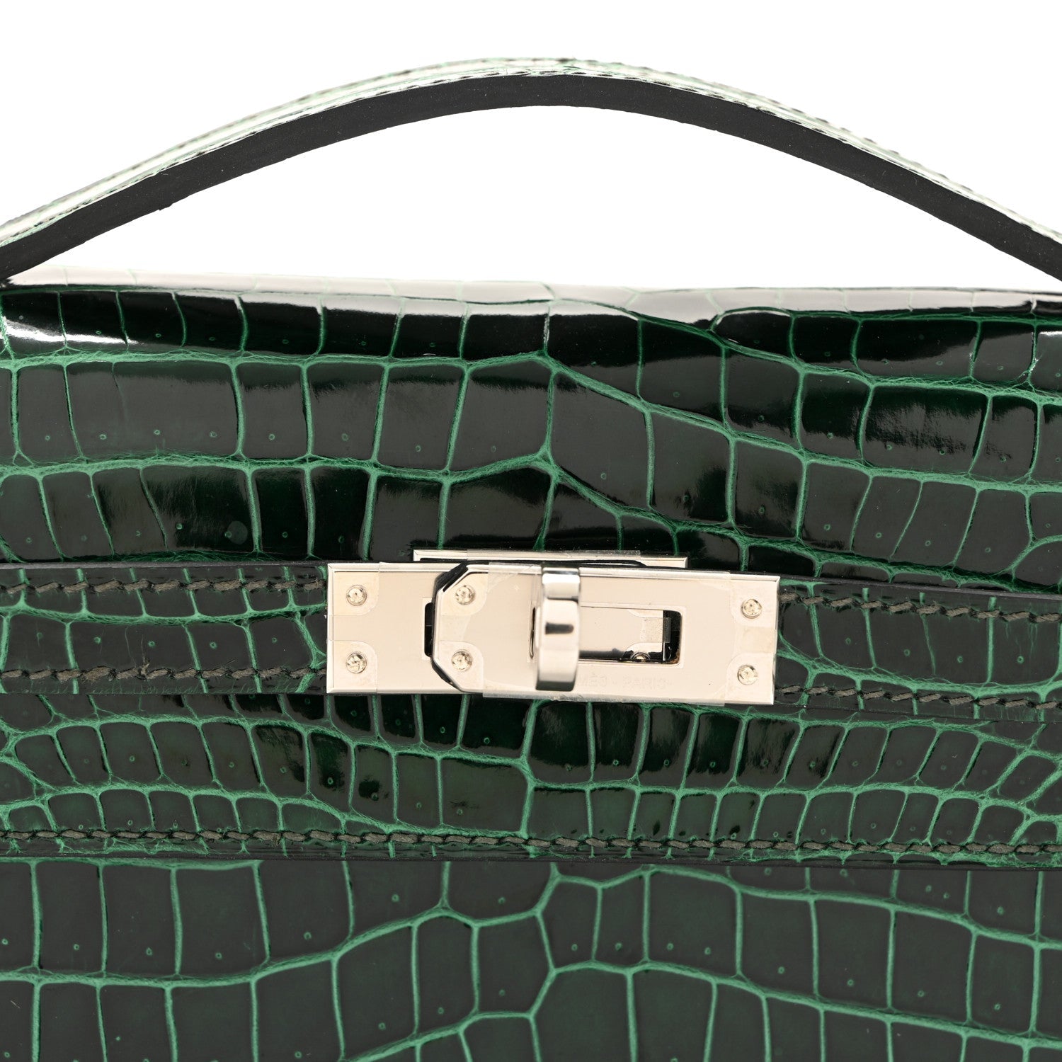 Shiny Porosus Crocodile Kelly Pochette Vert Cypress