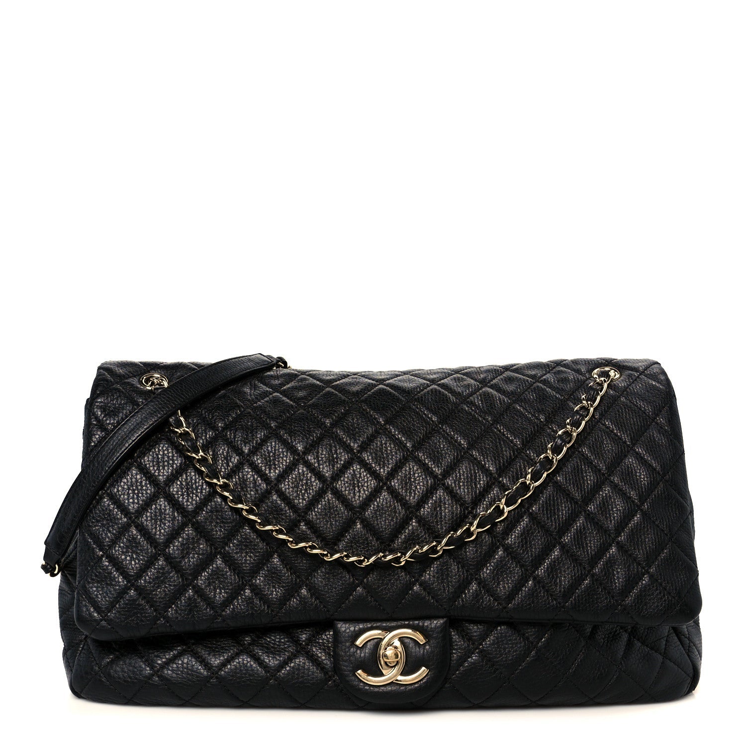 Calfskin Quilted XXL Travel Flap Bag Black