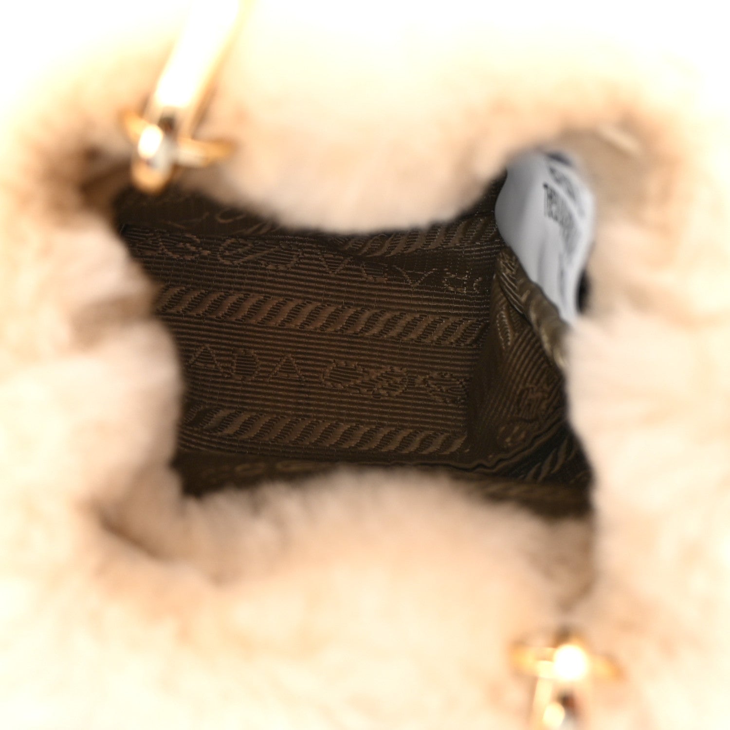 Shearling Metal Triangle Logo Mini Drawcord Pouch Shoulder Bag Ecru