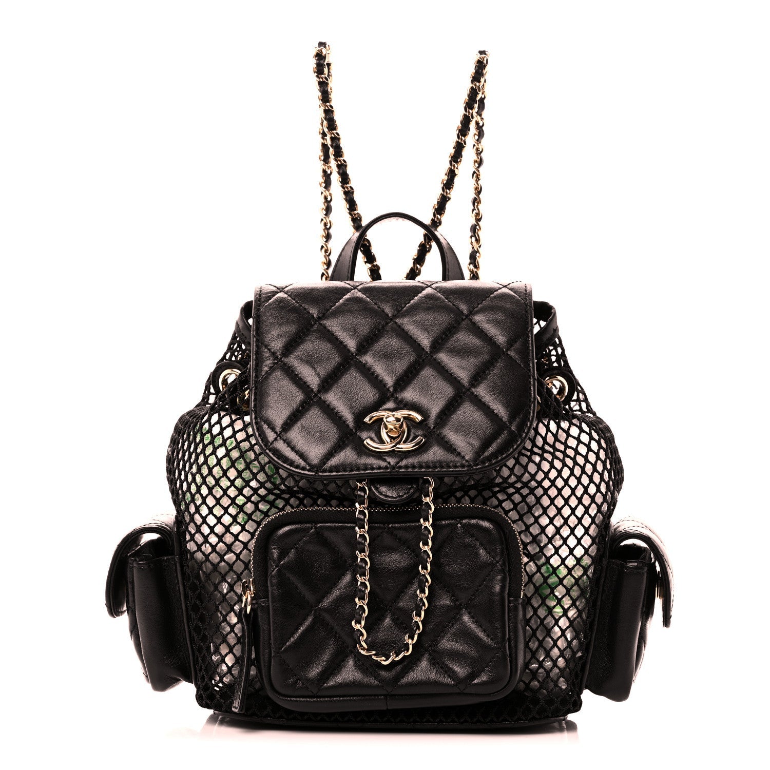 Shiny Lambskin Mesh Quilted Small Cargo Duma Drawstring Backpack Black