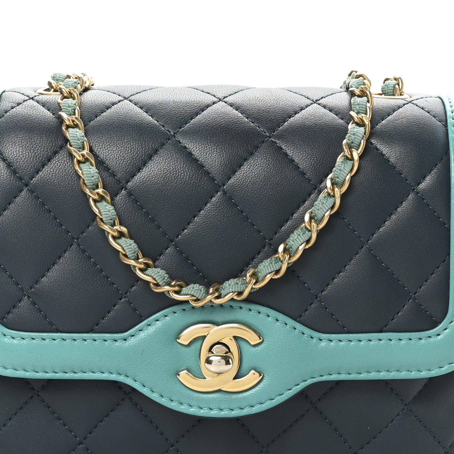 Lambskin Quilted Two Tone Day Flap Navy Turquoise