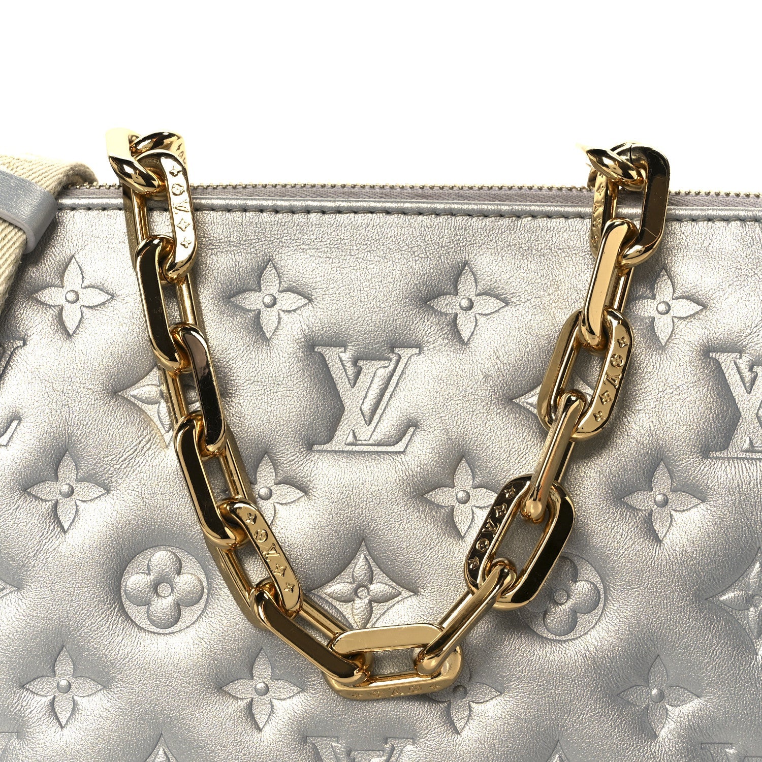 Metallic Lambskin Embossed Monogram Coussin PM Silver