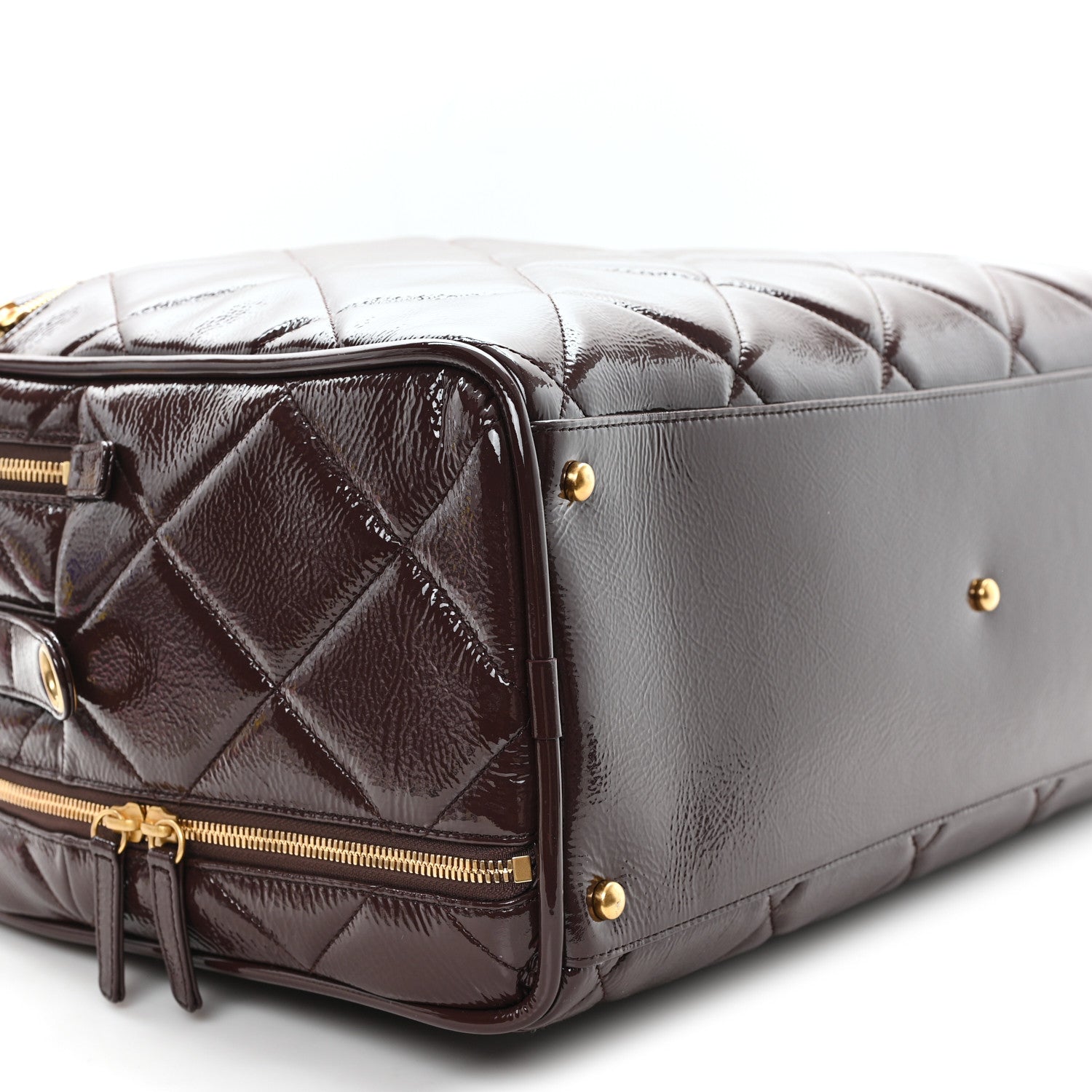 Patent Crumpled Calfskin Quilted Travel Bowling Bag Dark Brown