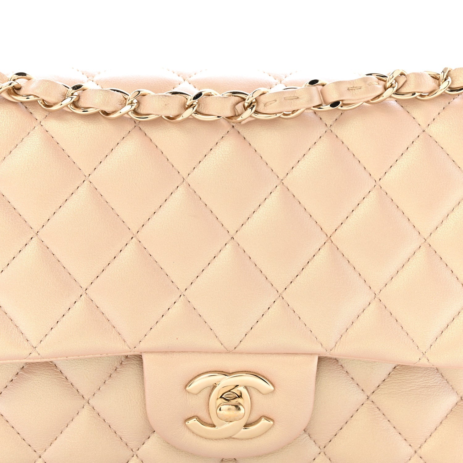 Iridescent Lambskin Quilted Medium Double Flap Beige