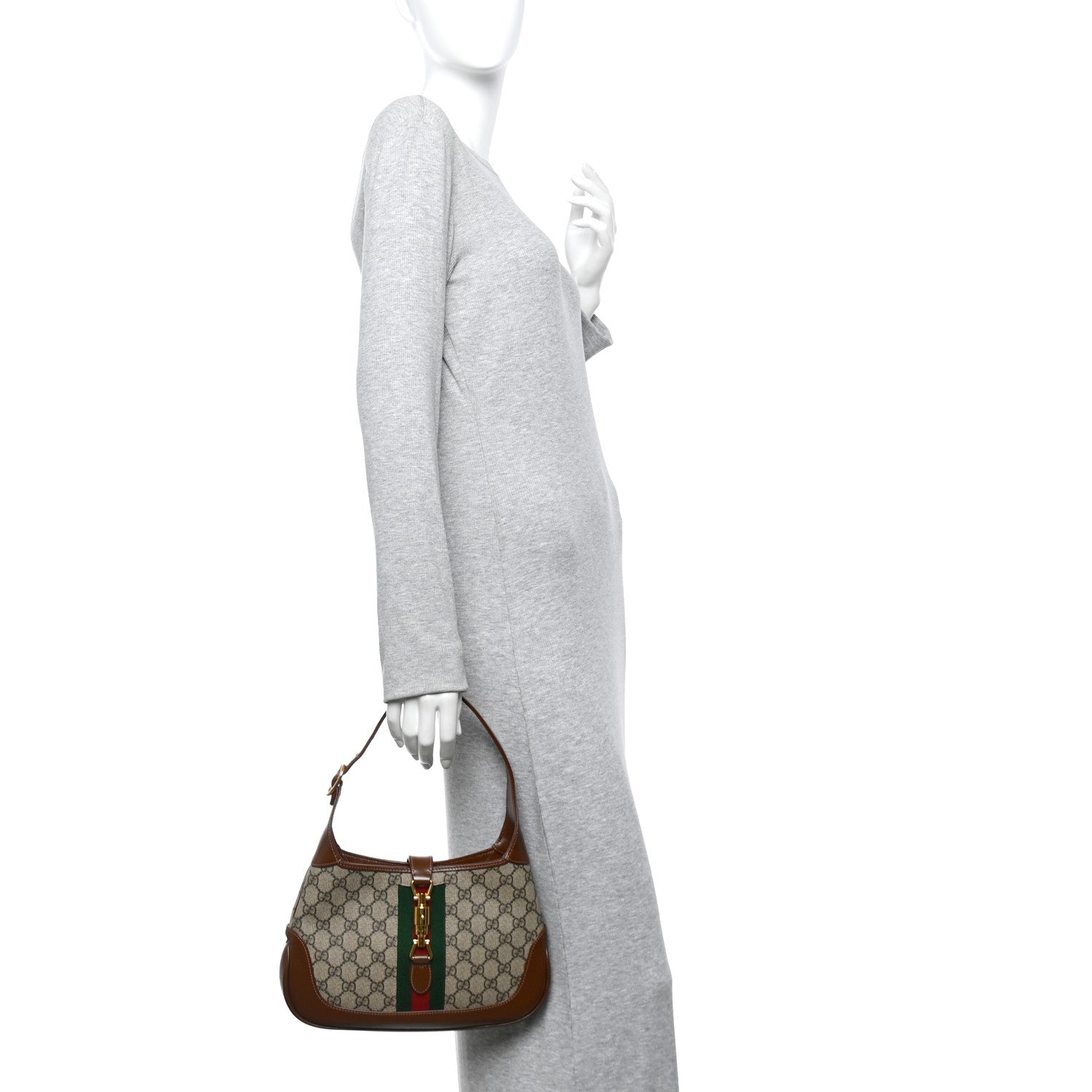 GG Supreme Monogram Azalea Calfskin Web Small Jackie 1961 Hobo Beige Ebony Brown Sugar