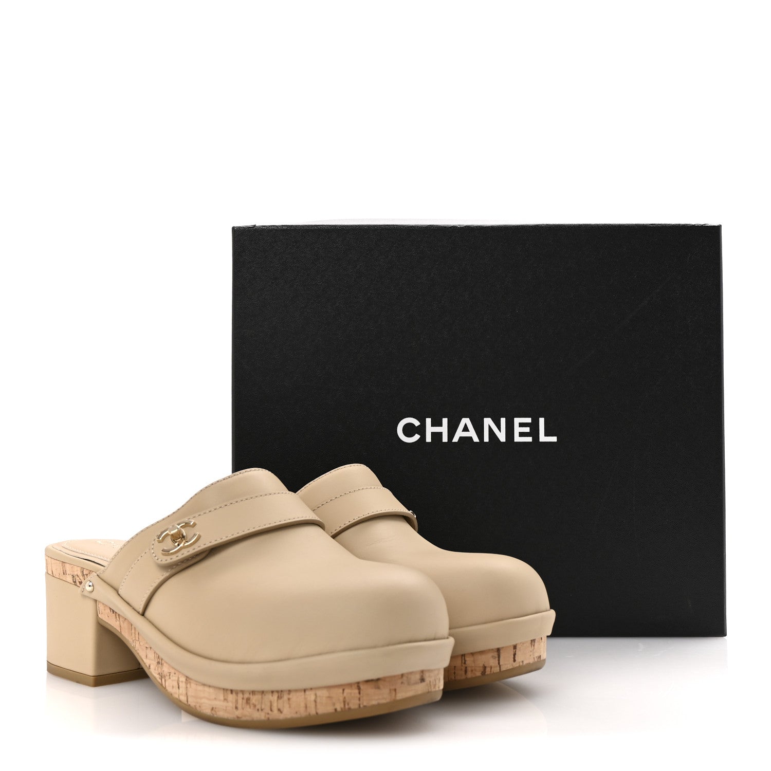 Calfskin CC Turn Lock Clogs 38 Beige
