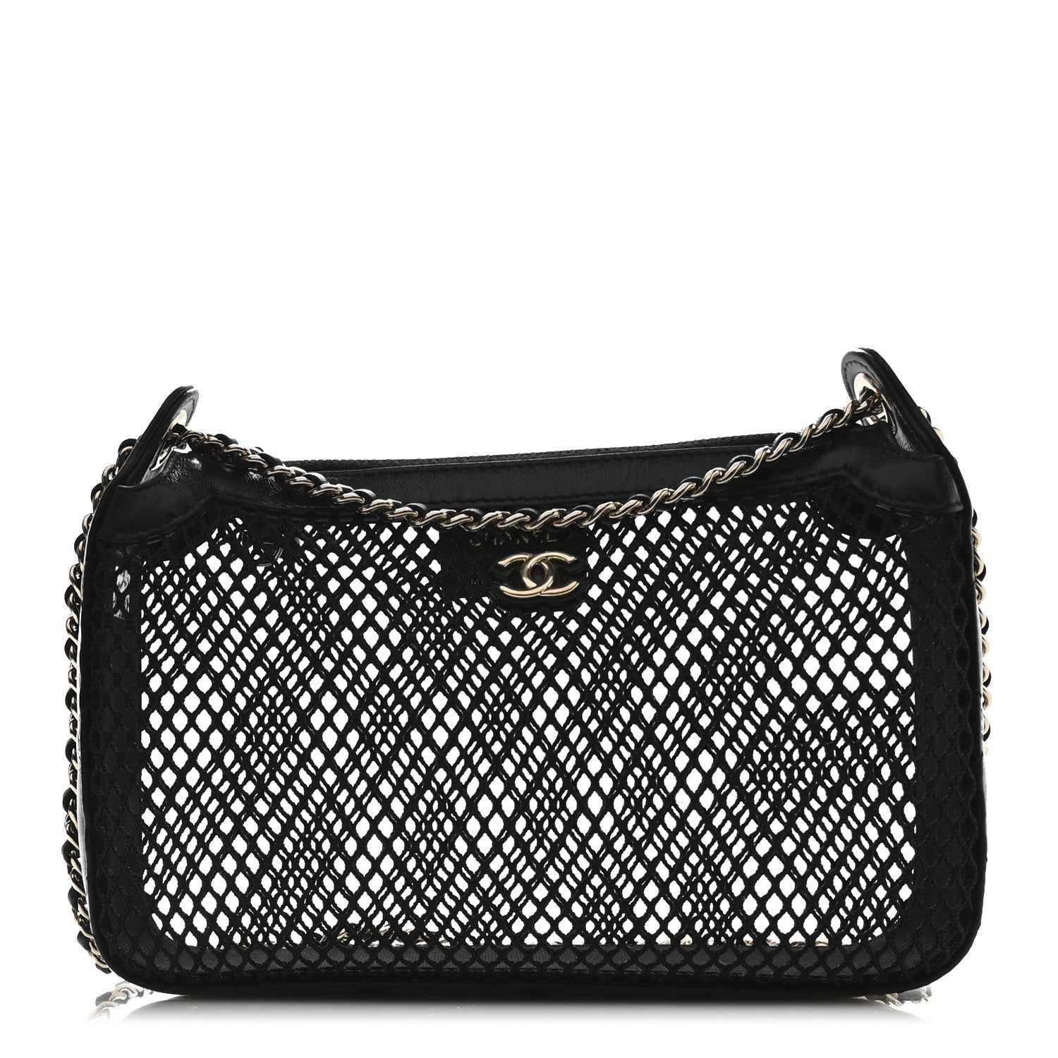 Mesh Shiny Lambskin Clutch With Chain  Black