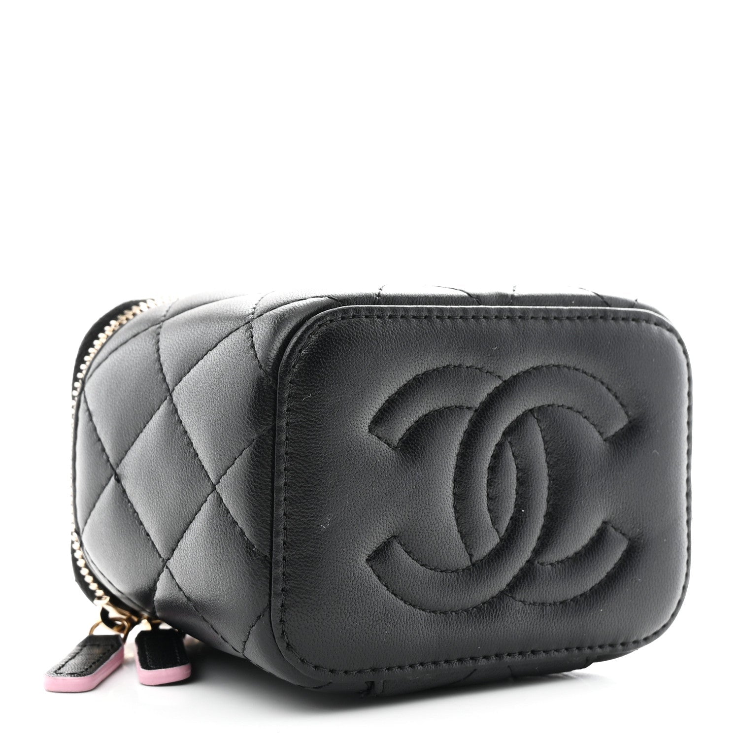 Lambskin Quilted Top Handle Mini Vanity Case With Chain Black Pink