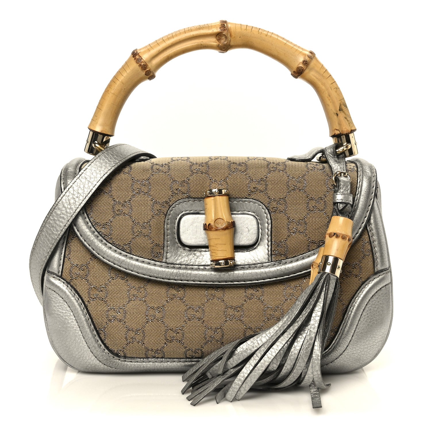 Monogram Metallic Calfskin Medium New Bamboo Top Handle Bag Silver Beige