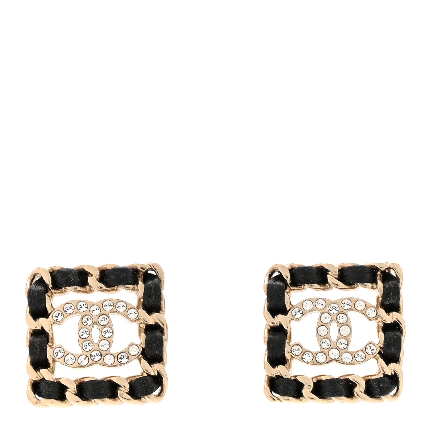 Crystal Lambskin Chain Sergeant Chanel Stud Earrings Black Gold
