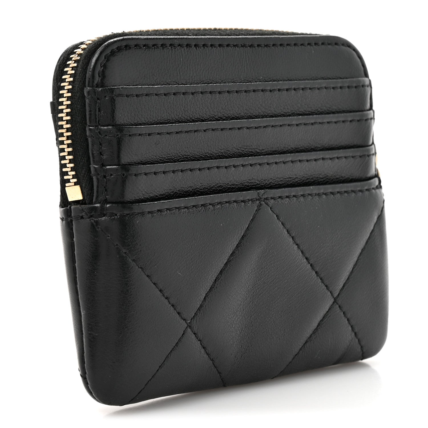 Lambskin Quilted Chanel 19 Zip Card Holder Wallet Black