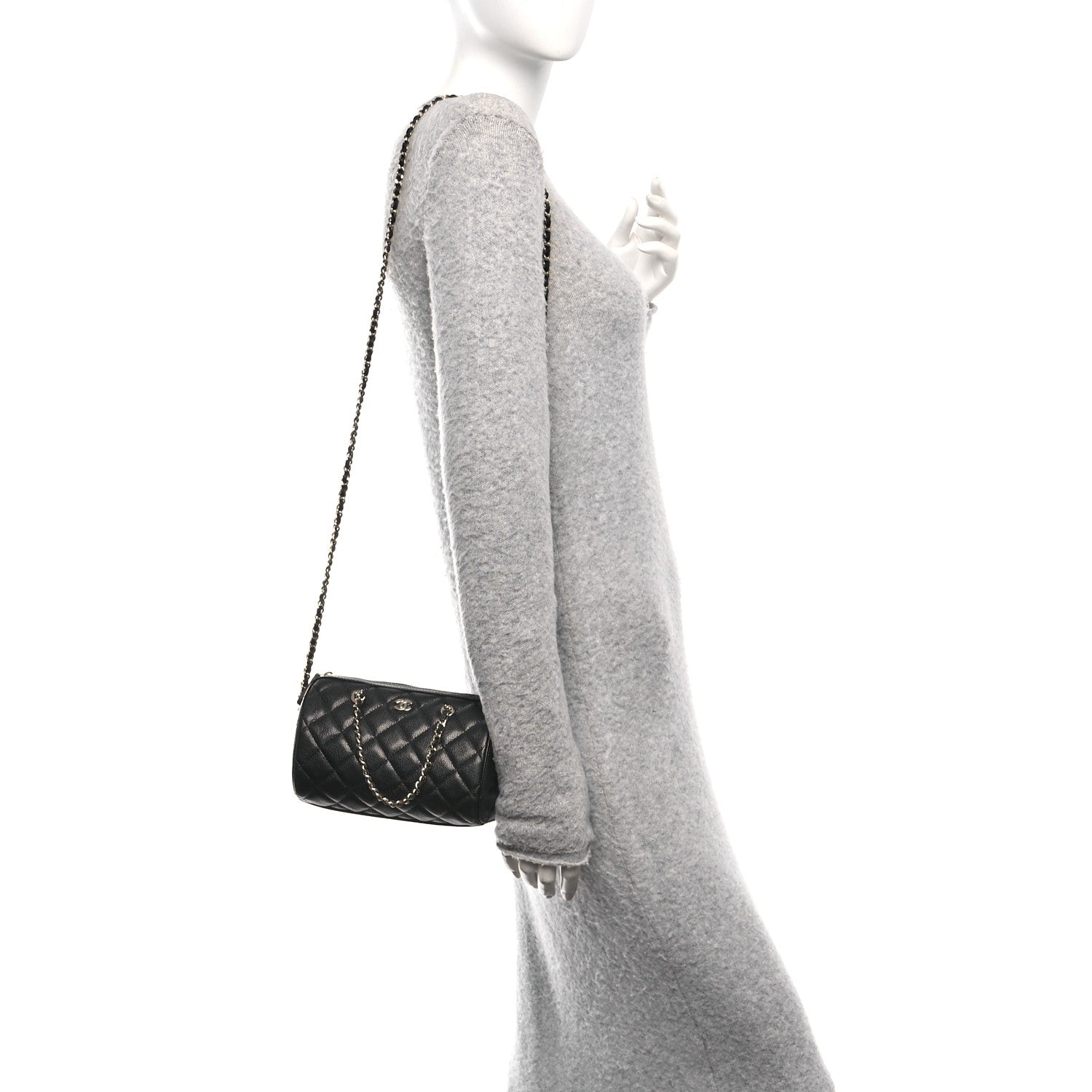 Caviar Quilted Barrel Clutch With Chain Black