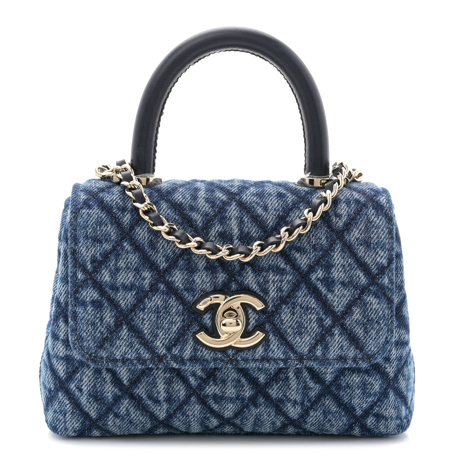 Washed Denim Quilted Coco Handle Clutch With Chain Blue