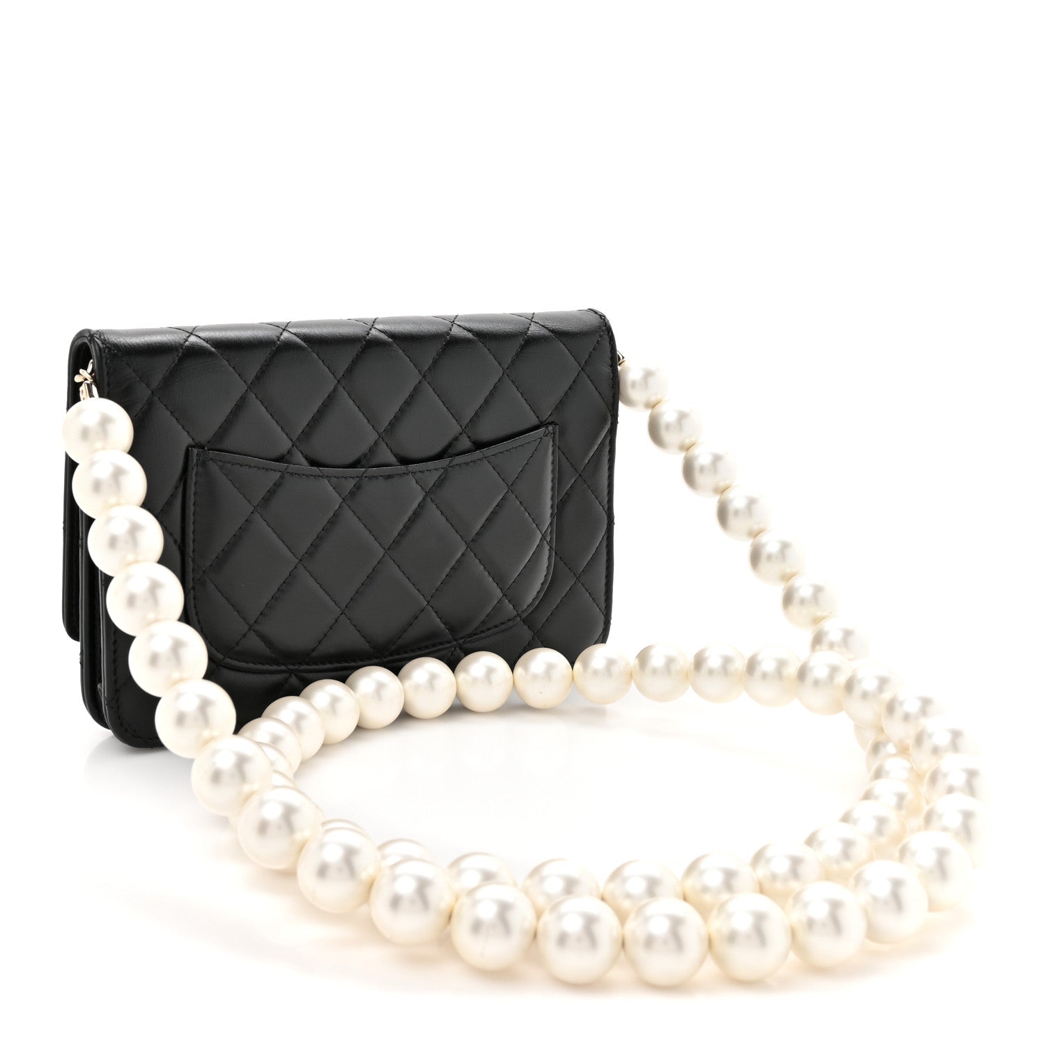Lambskin Quilted Pearl Wallet On Chain WOC Black