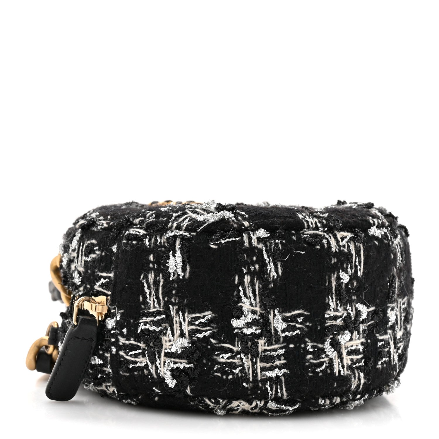 Tweed Quilted 19 Round Clutch With Chain Black White