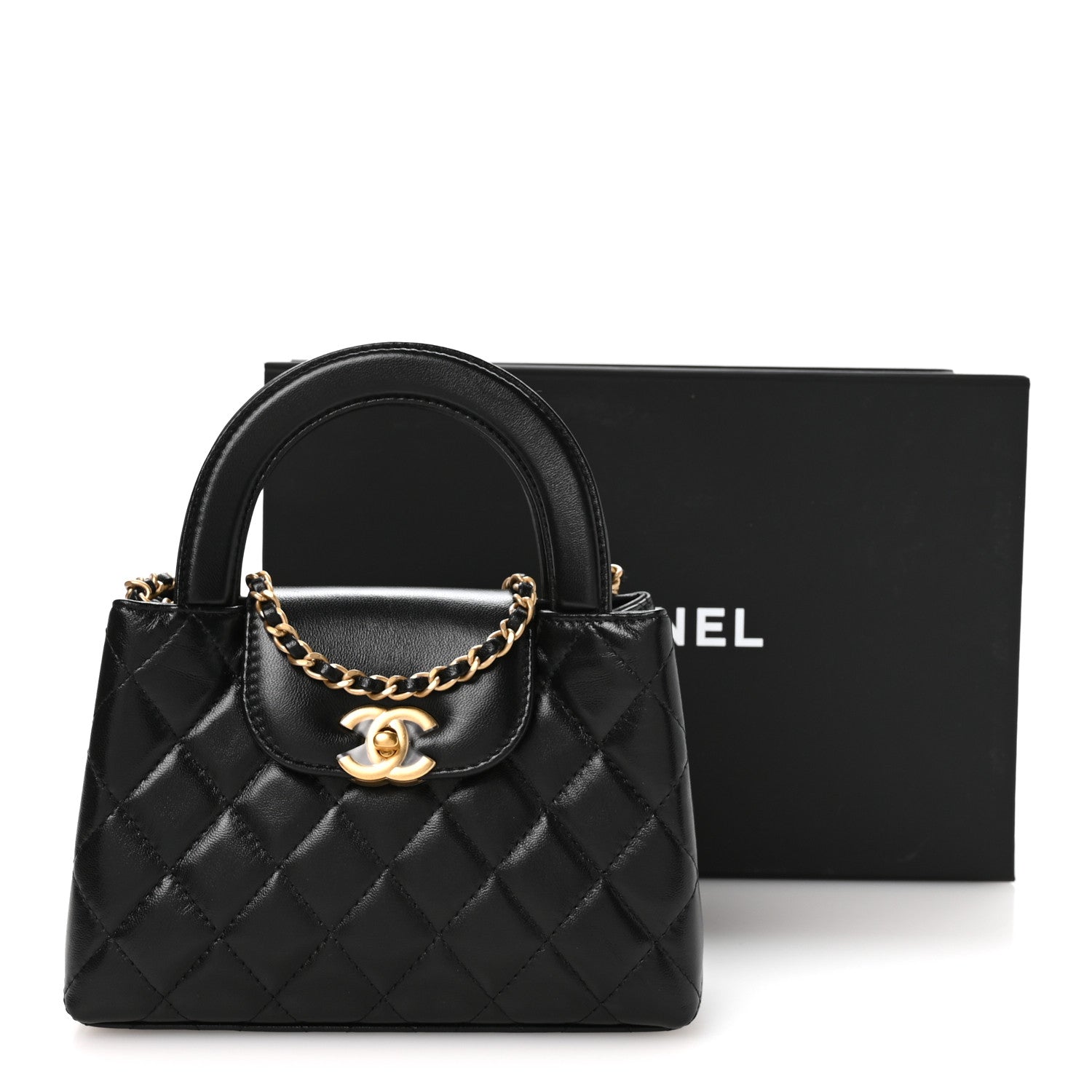 Shiny Aged Calfskin Quilted Nano Kelly Shopper Black