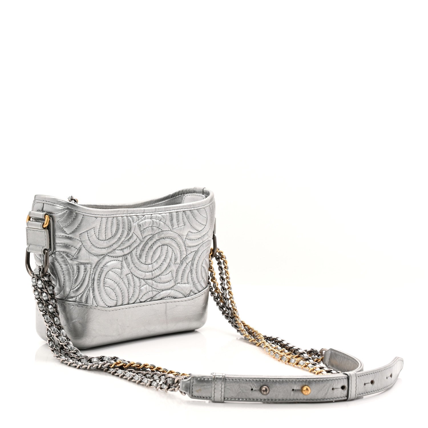 Metallic Aged Calfskin CC Quilted Small Gabrielle Hobo Dark Silver